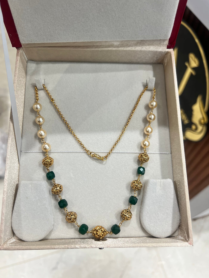 Premium handmade antique golden nakshi ball pearl and green beads necklace product code P106