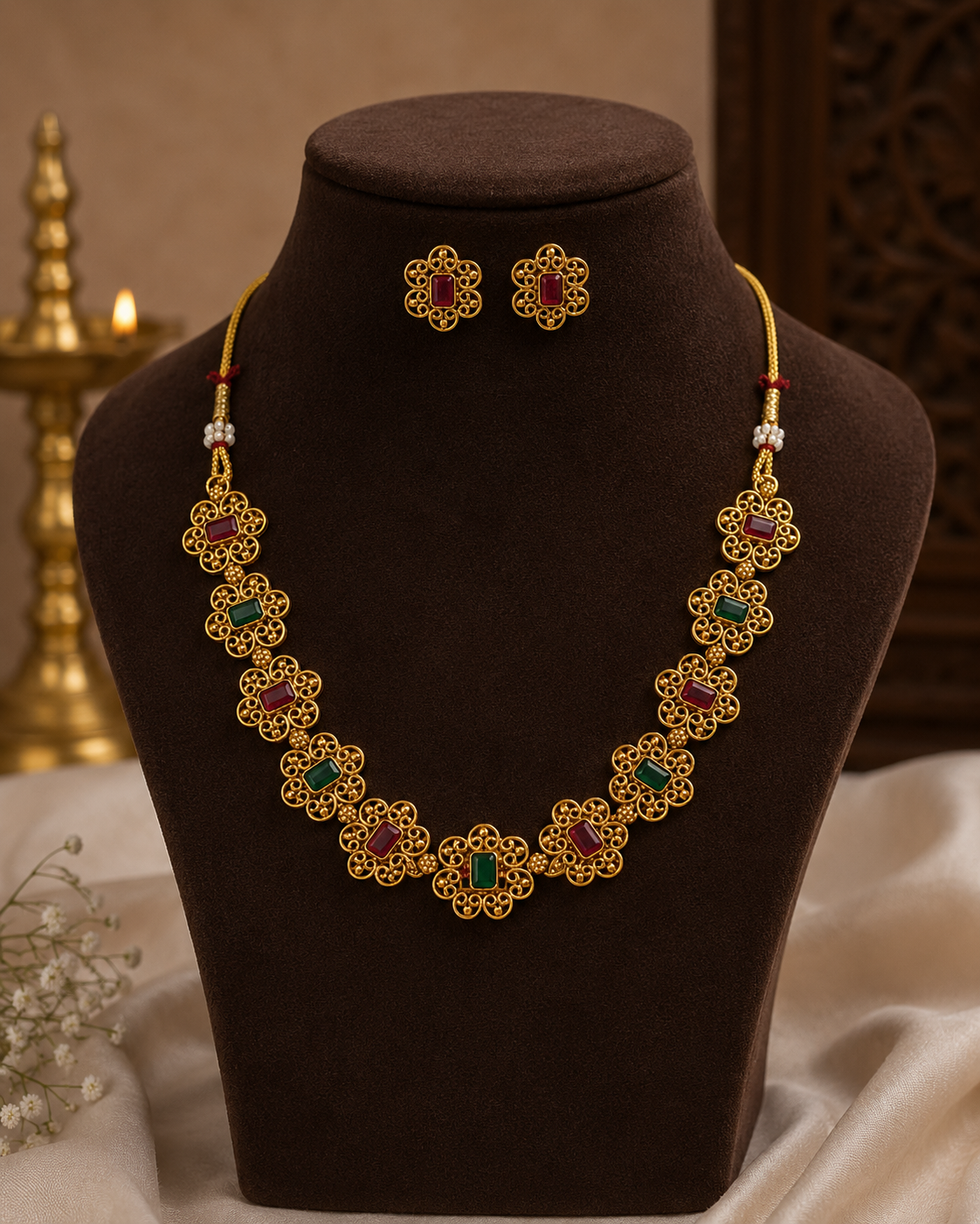 Premium budget friendly trending antique gold floral necklace set product code T135
