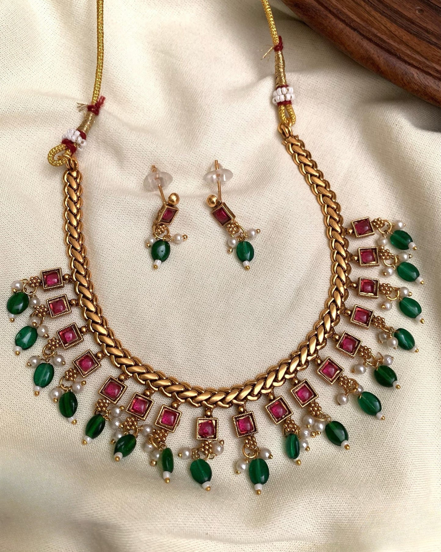 Budget friendly ruby stone green beads and pearl hanging necklace product code N207