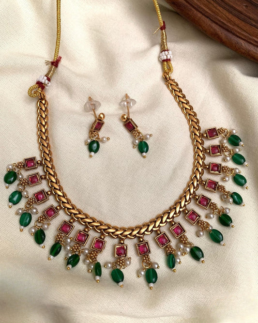 Budget friendly ruby stone green beads and pearl hanging necklace product code N207