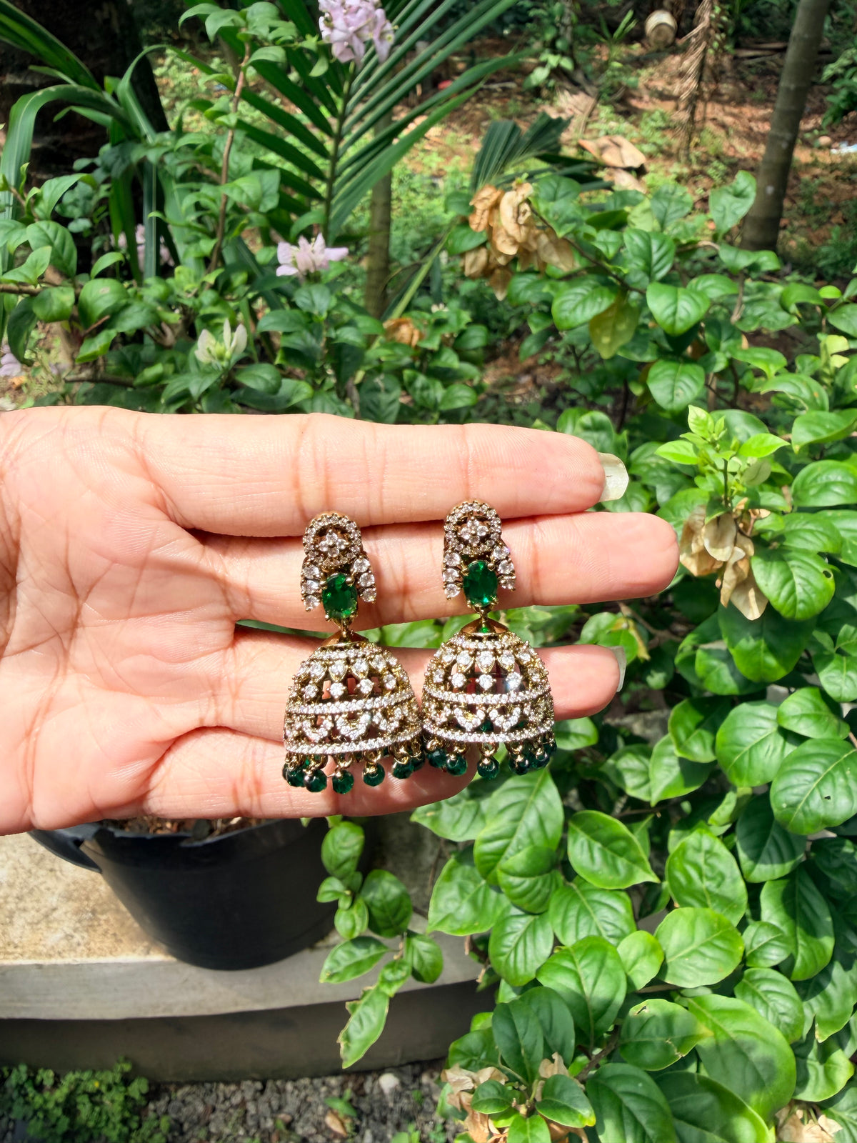 Premium quality ad green stone hanging jhumka Product code E258