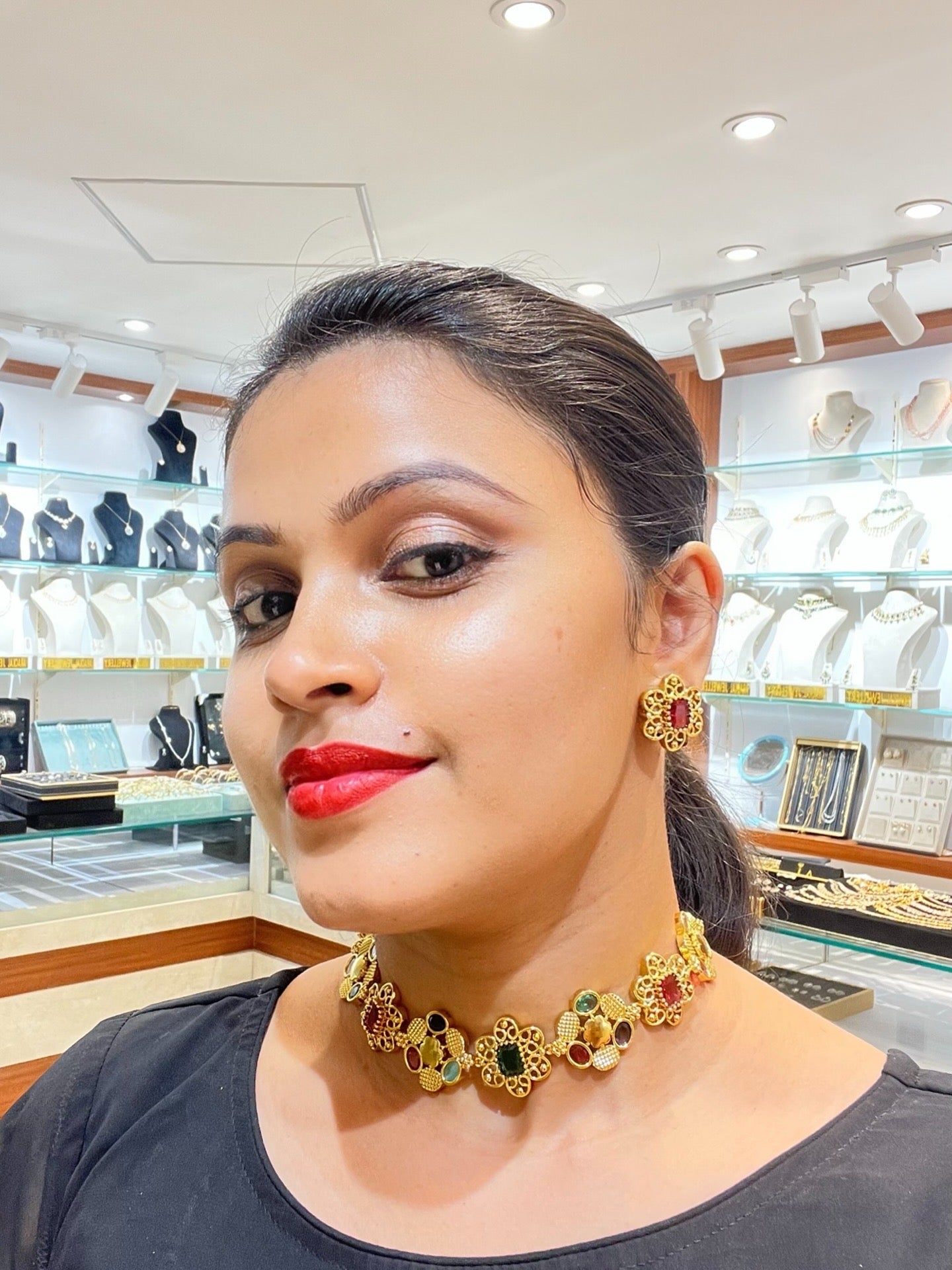 Premium quality  trending gold polish Multi color stone bridal necklace come choker set with back chain product code BN01
