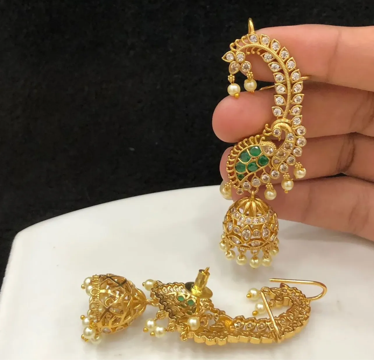 Premium jadau Kundan peacock ad earcuff jhumkas product code 111