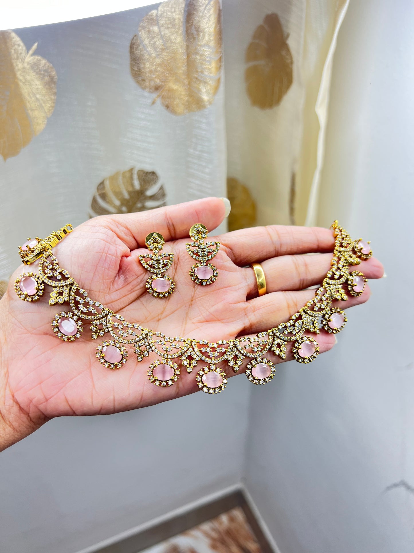 Crescent Blossom AD Stone Necklace Set 149