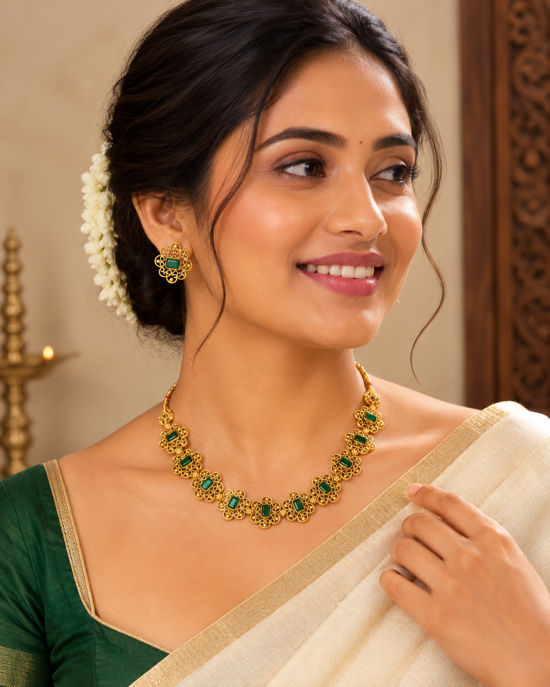 Premium budget friendly trending antique gold floral necklace set product code T135