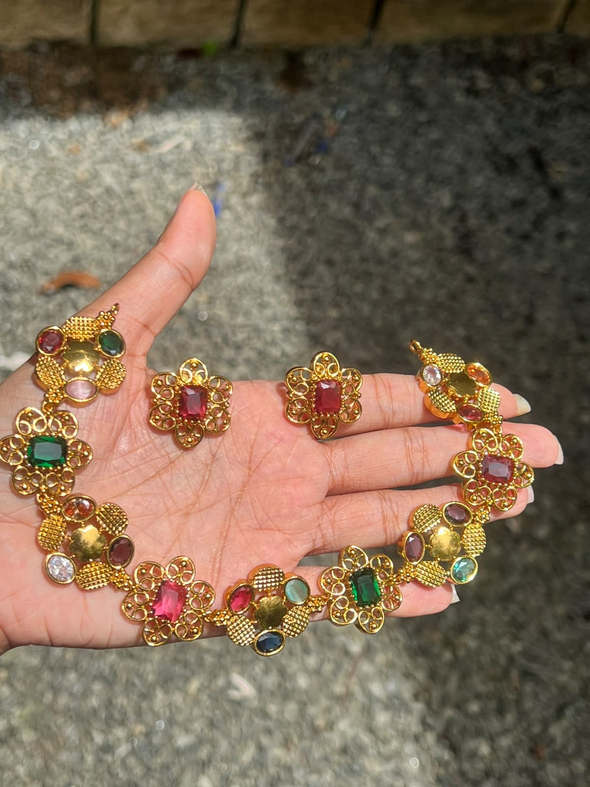 Premium antique gold plated Multi color customised bridal necklace set product code D437