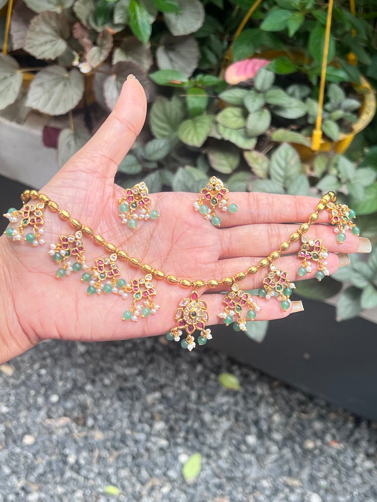 Premium quality non idol beautiful green beads hanging necklace set product code T23