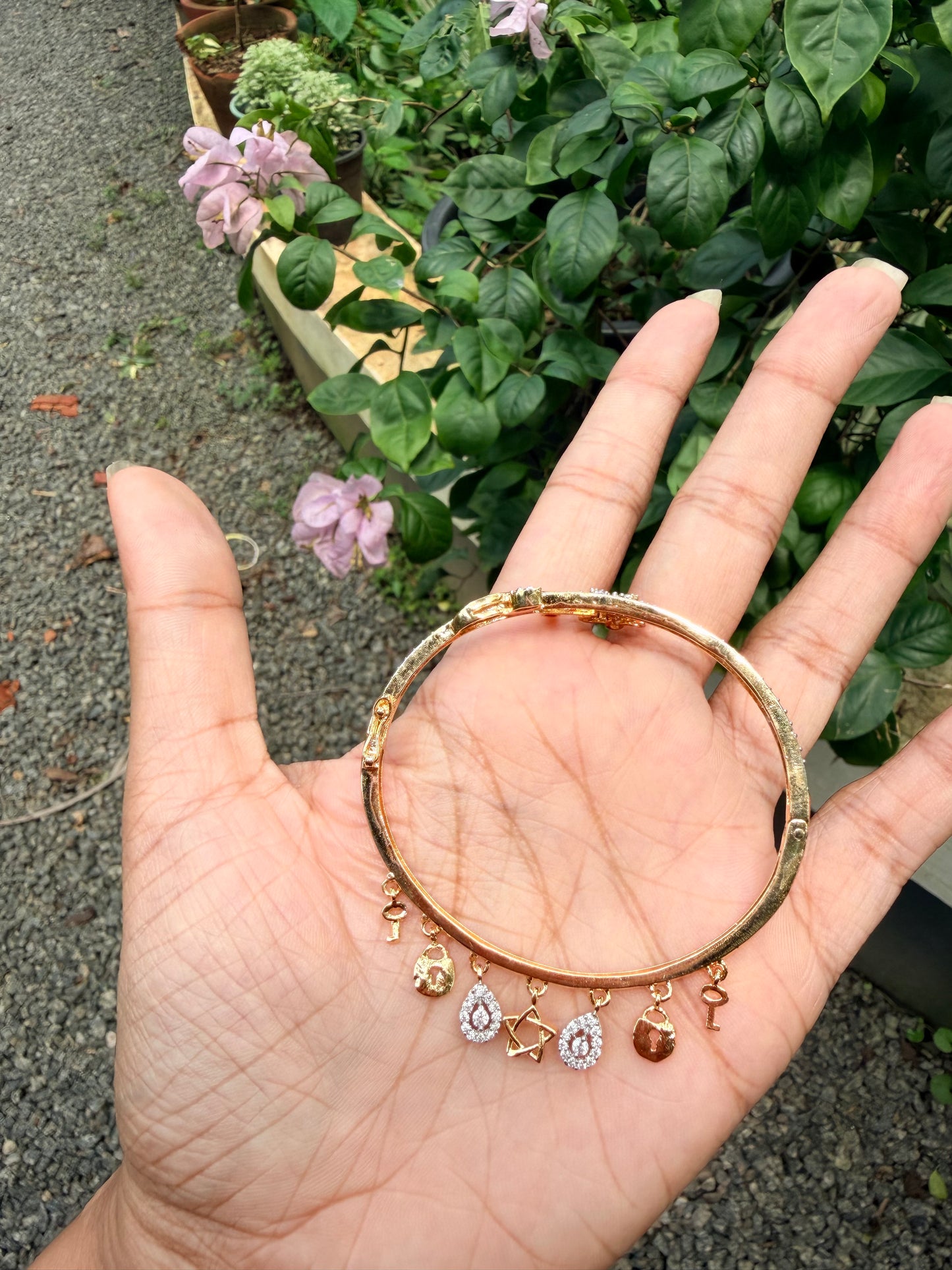 Premium diamond finish party wear floral charms hanging bracelet product code B5