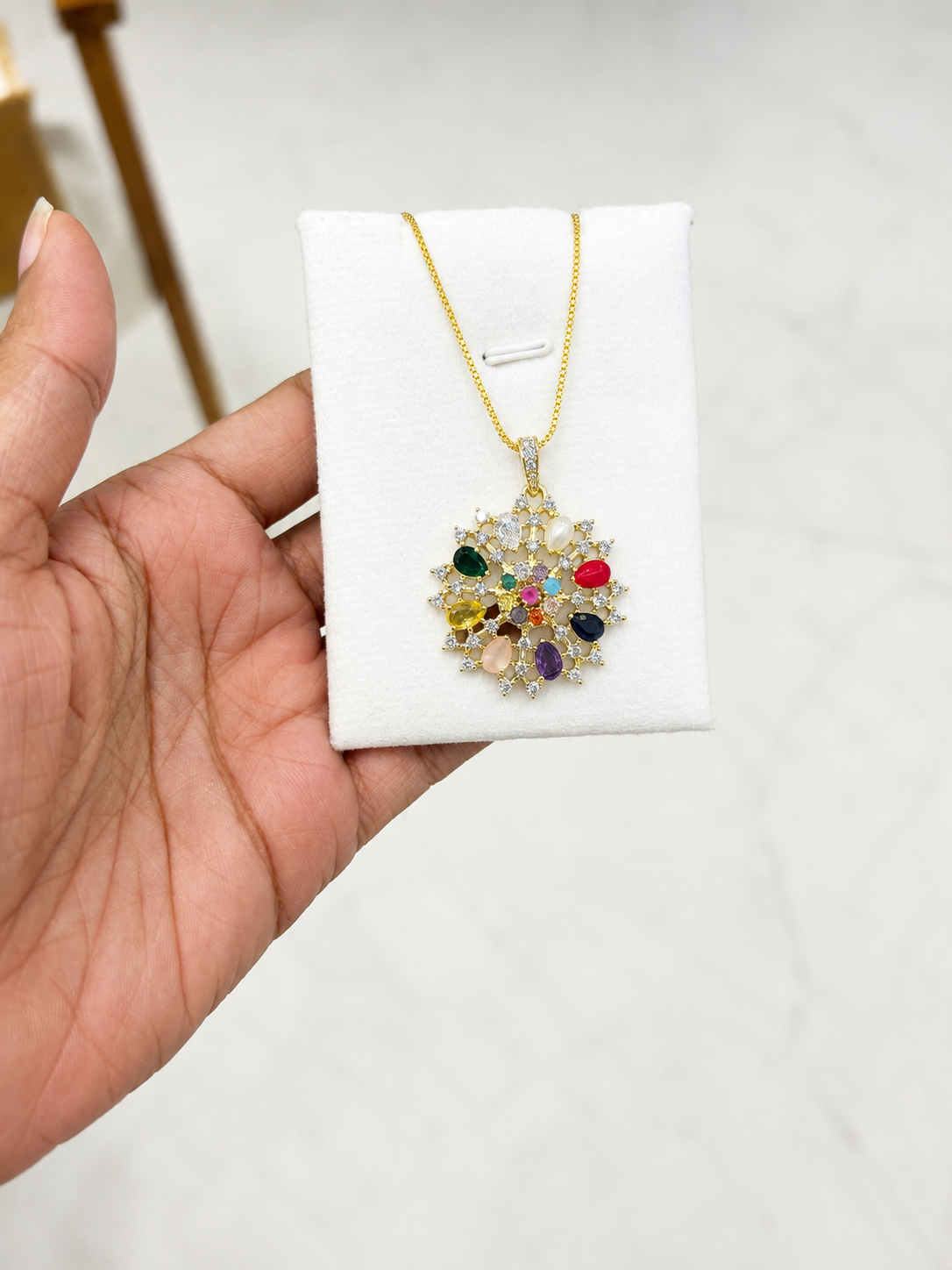 Premium party wear diamond finish Navarathna pendant with chain product code D390