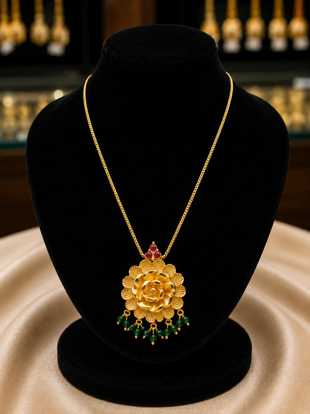 Premium 24carat gold plated flower pendant with green beads hanging pendant chain product code G122