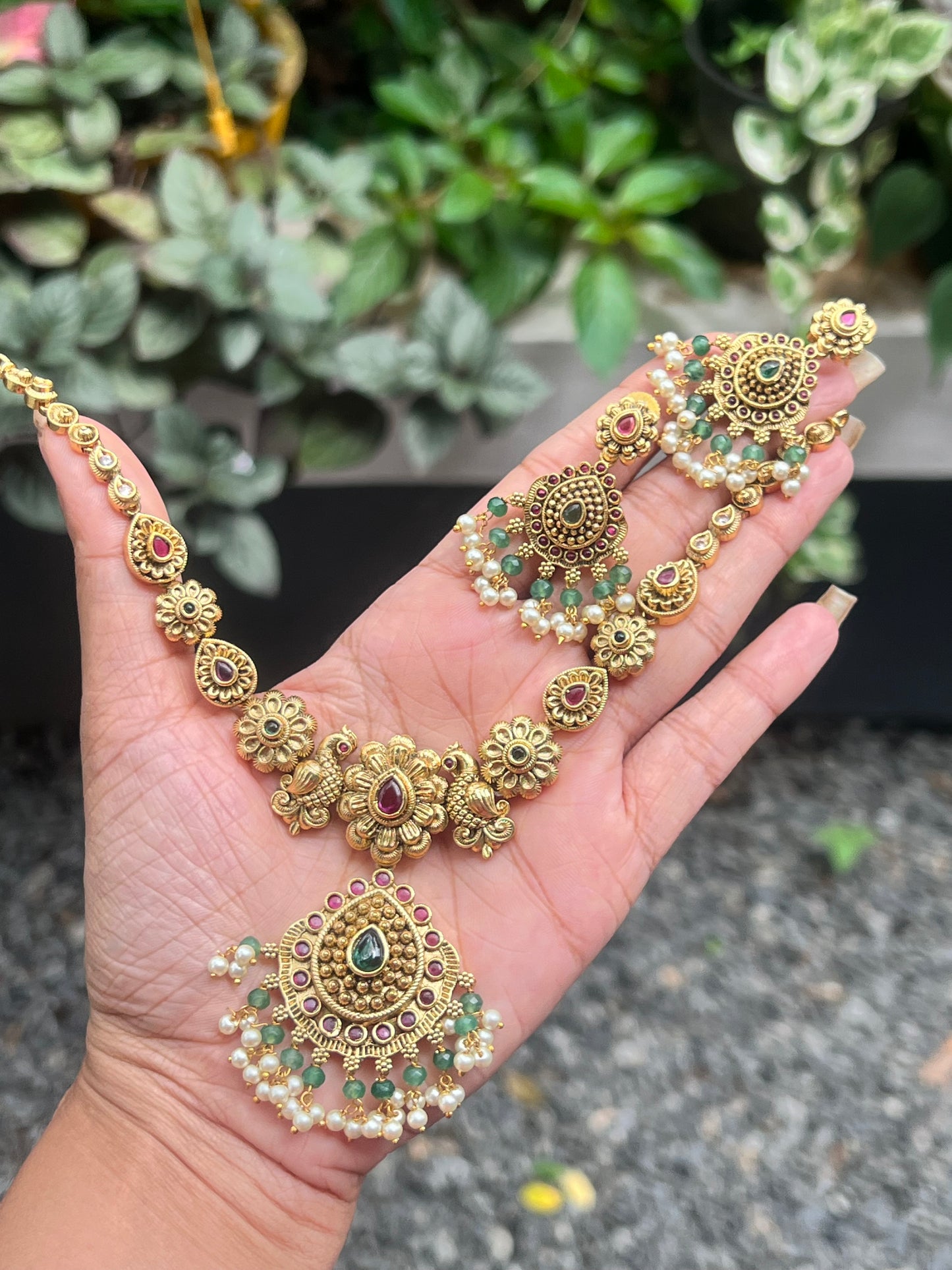 Premium quality antique gold peacock floral beads and pearl hanging necklace set product code T13