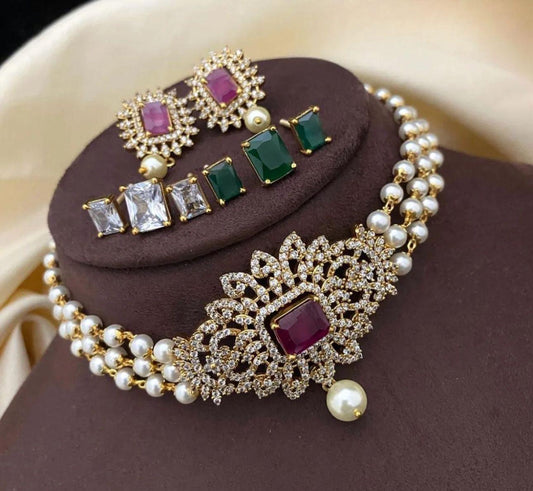 3 layer pearl ad pendant stone changeable choker set product code 421