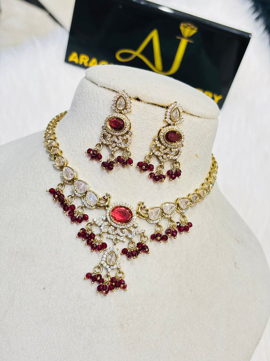 Premium quality ad jadau Kundan maroon beads necklace product code N247