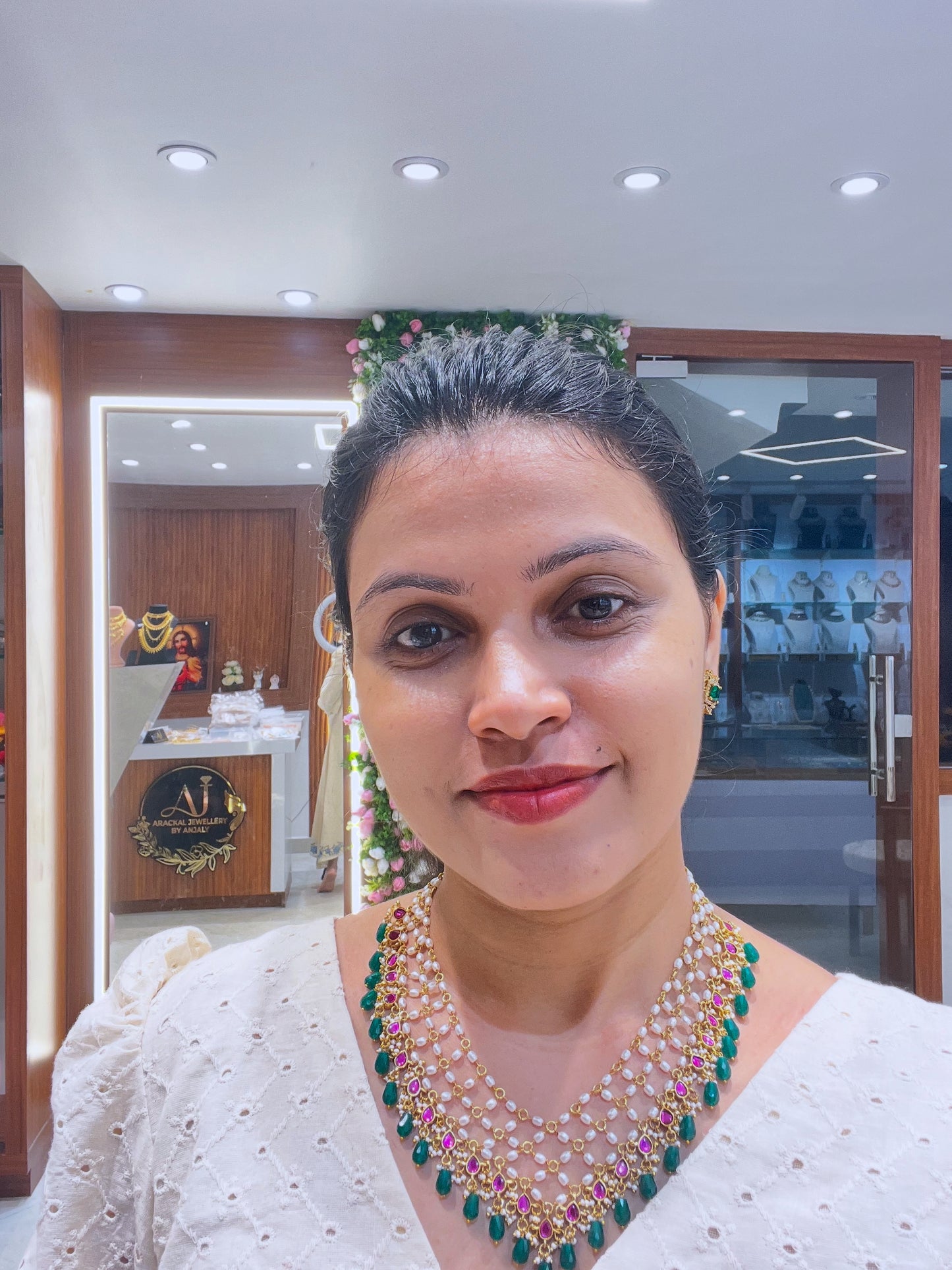 Premium kemp pearl ruby green drop hanging necklace product code D210