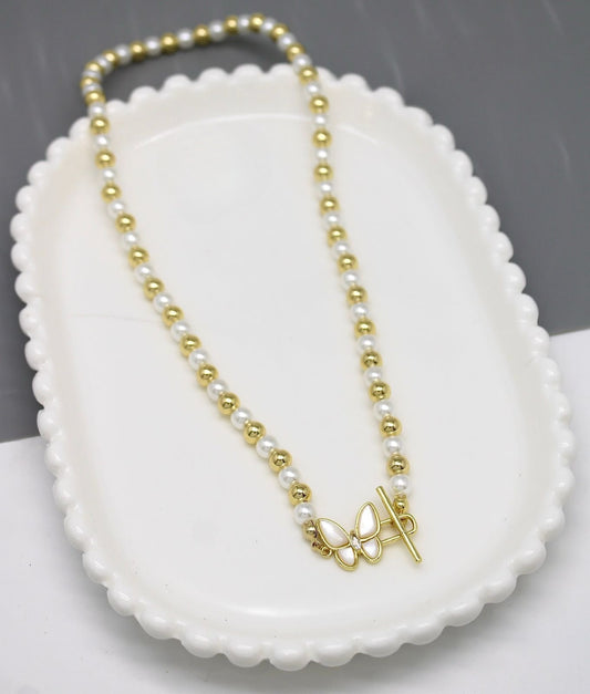 316L stainless steel 18k gold plated fresh water pearl butterfly necklace