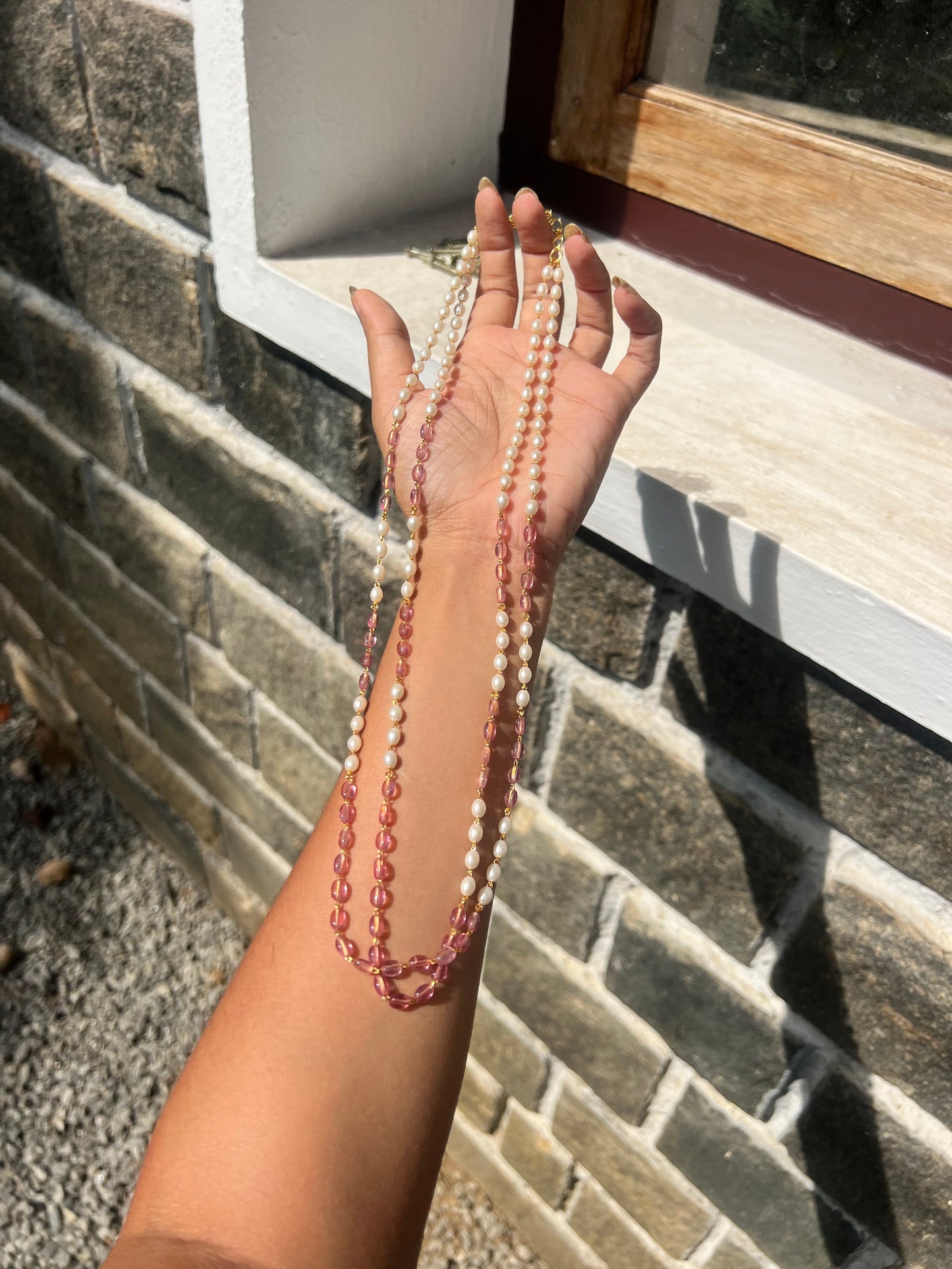 Premium pearl 2layer long pastel pink beads pearl haram