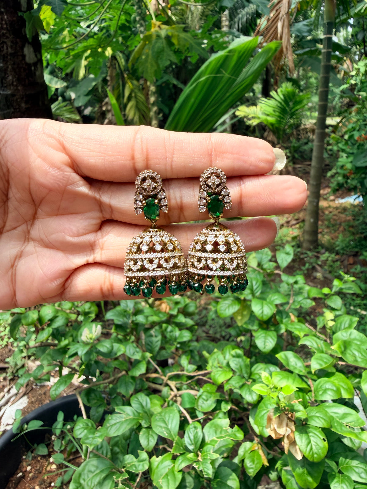 Premium quality ad green stone hanging jhumka Product code E258