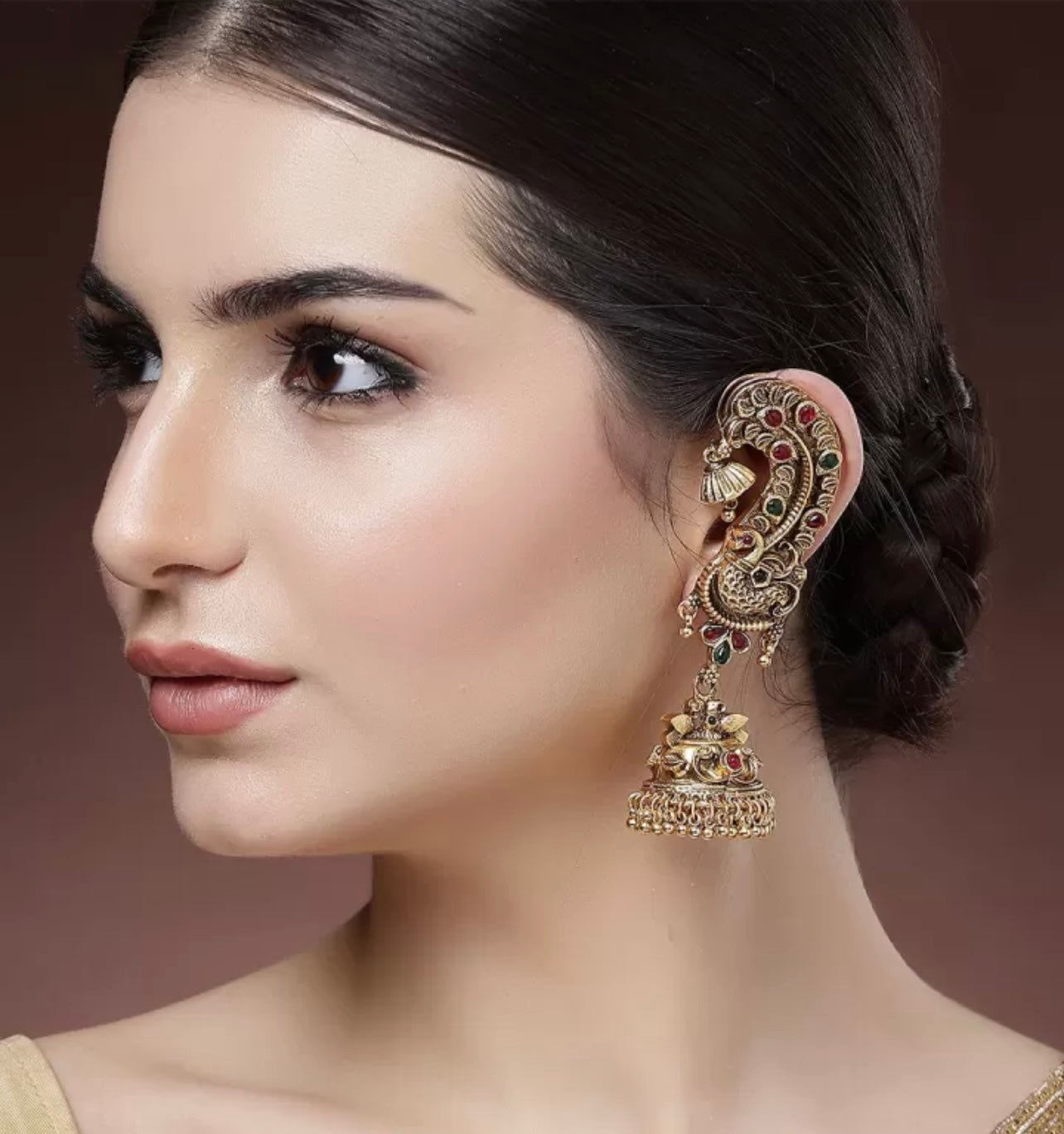 Matte finish peacock style kemp stone South Indian style earcuff jhumka product code 1280