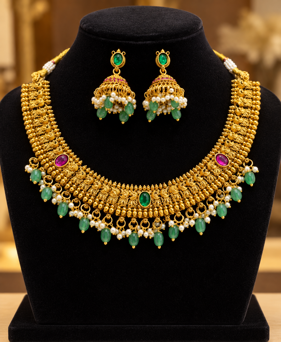 Premium traditional South Indian gold-plated temple jewelry necklace and jhumka earring set adorned with green and ruby-colored stones and pearl drops product code T143