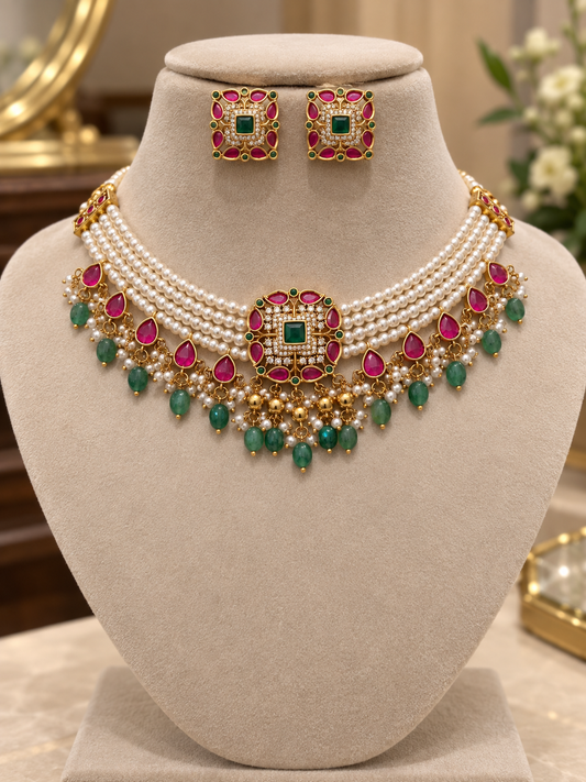 Premium quality jadau Kundan pearl 4layer ruby kemp stone beads pearls hanging choker set product code D411