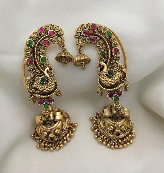 Matte finish peacock style kemp stone South Indian style earcuff jhumka product code 1280