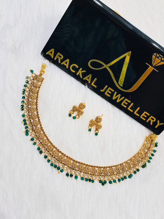 Premium quality antique gold polish non idol beautiful green beads hanging necklace product code N398