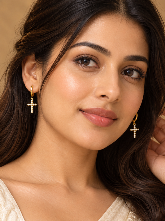Premium gold plated imported unisex cross hanging earrings product code E261