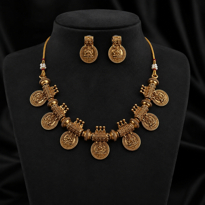 Premium antique gold traditional coin necklace set product code T136