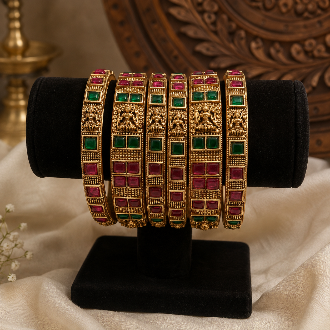 Premium antique gold Lakshmi Devi ruby green stone bangles set of 6 product code B223