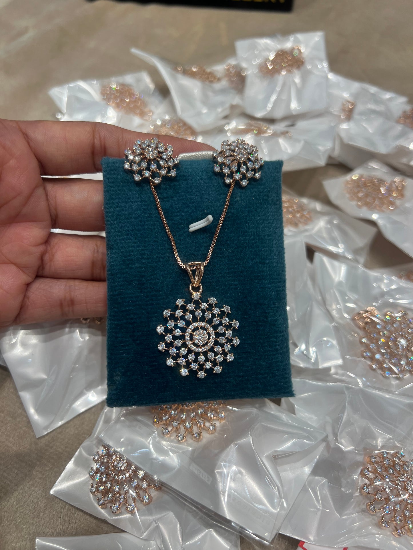 Our best seller party wear diamond replica pendant set in  rose gold chain product code N171