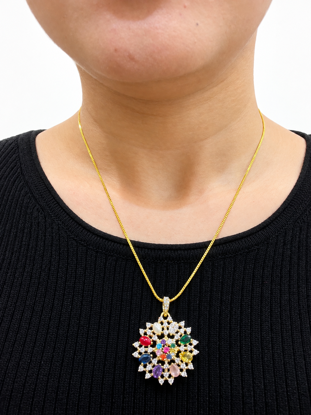 Premium party wear diamond finish Navarathna pendant with chain product code D390