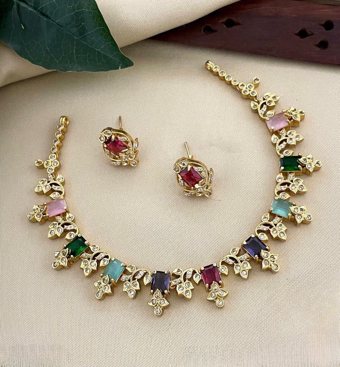 Premium multi color gold polish imbon stone necklace