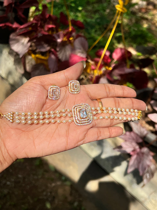 Premium ad stones 3 layer pearl choker set product code 1283