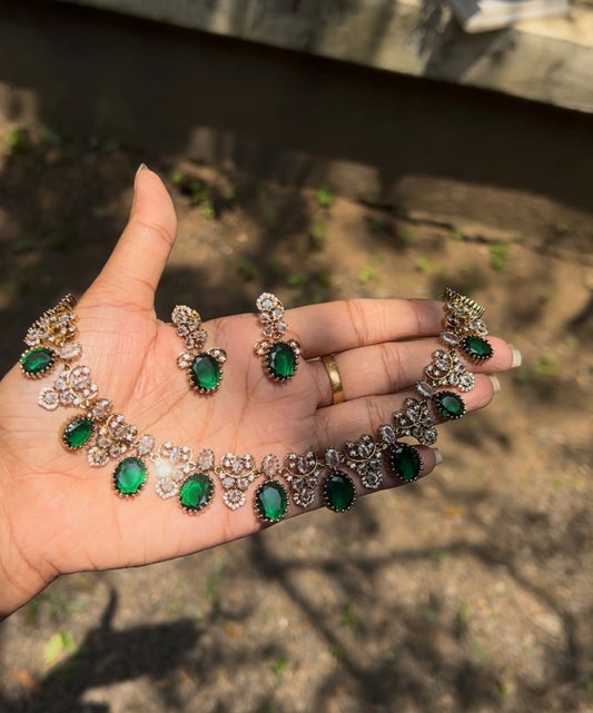 Premium stylish jadau Kundan emerald green necklace set product code 1290