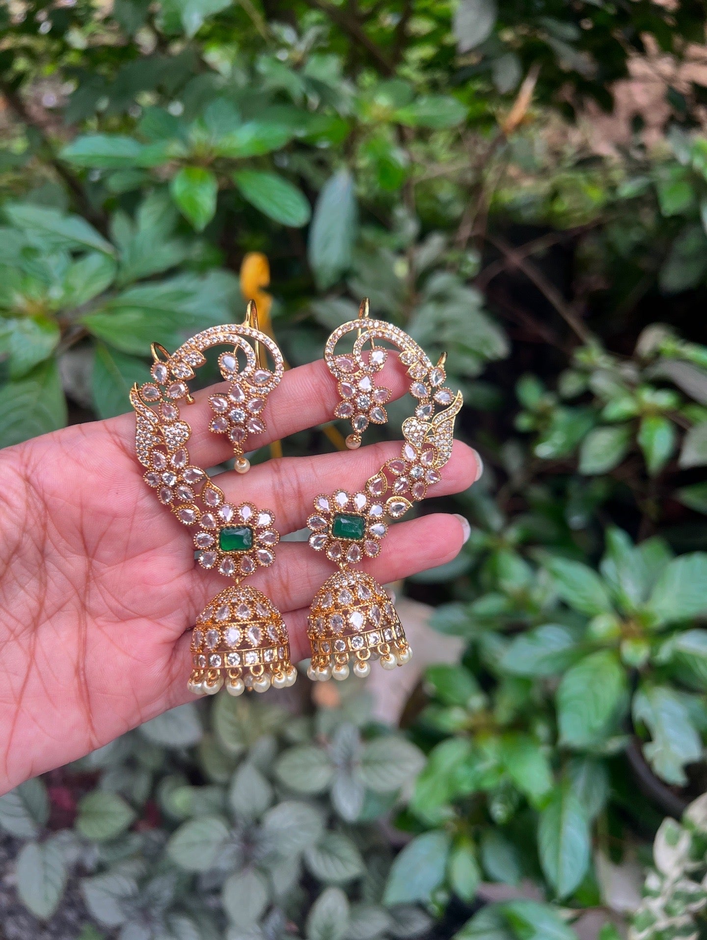 Premium floral motifs designer gold plated earcuff jhumka product code E174