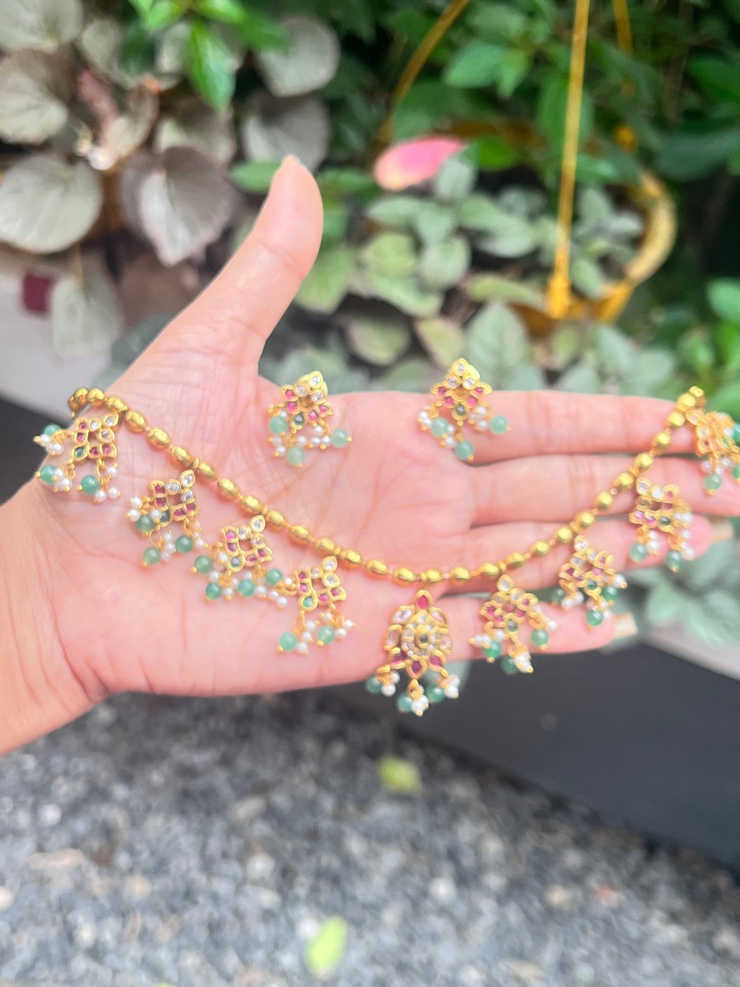 Premium quality non idol beautiful green beads hanging necklace set product code T23