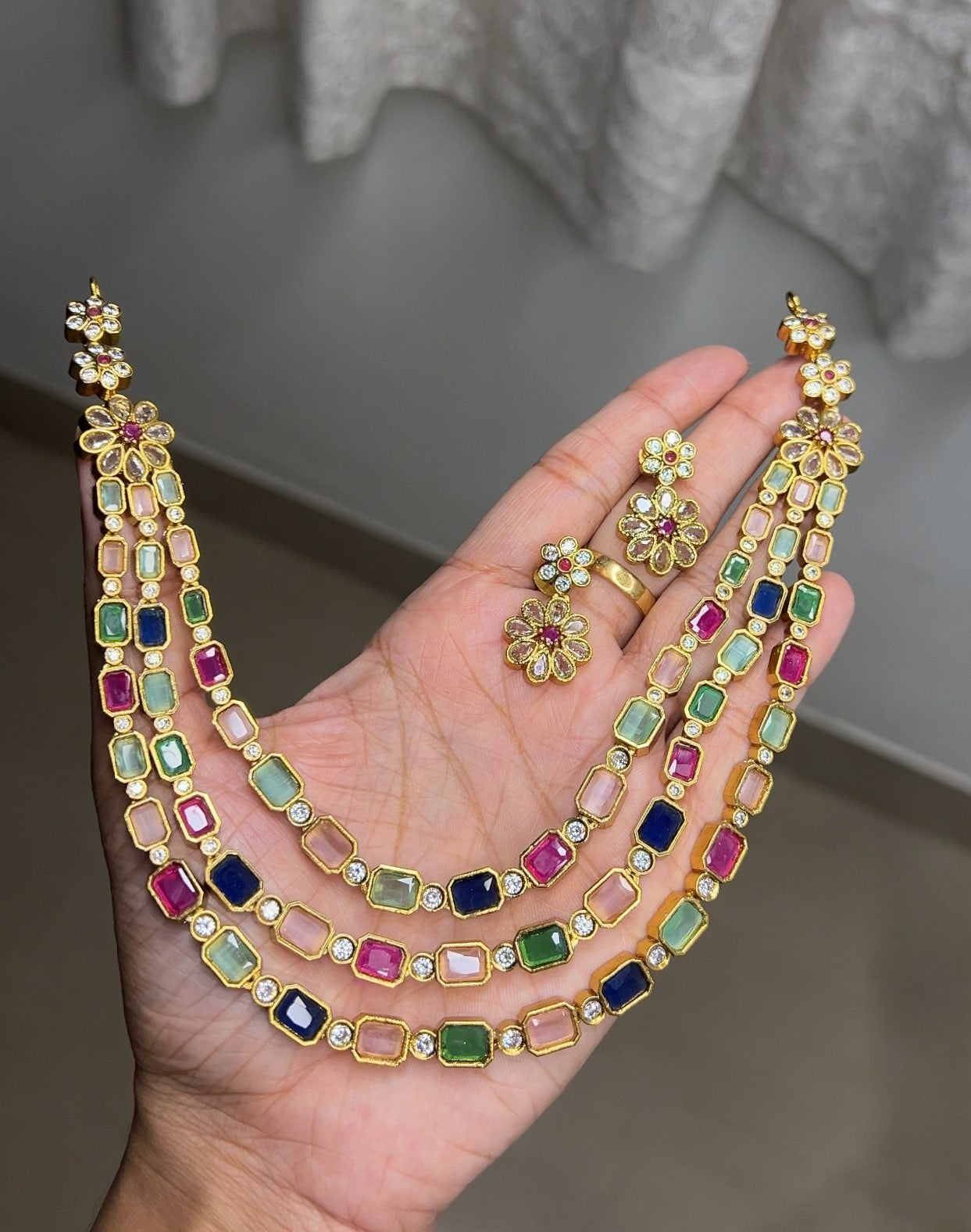 Premium 3 layer multi color long necklace