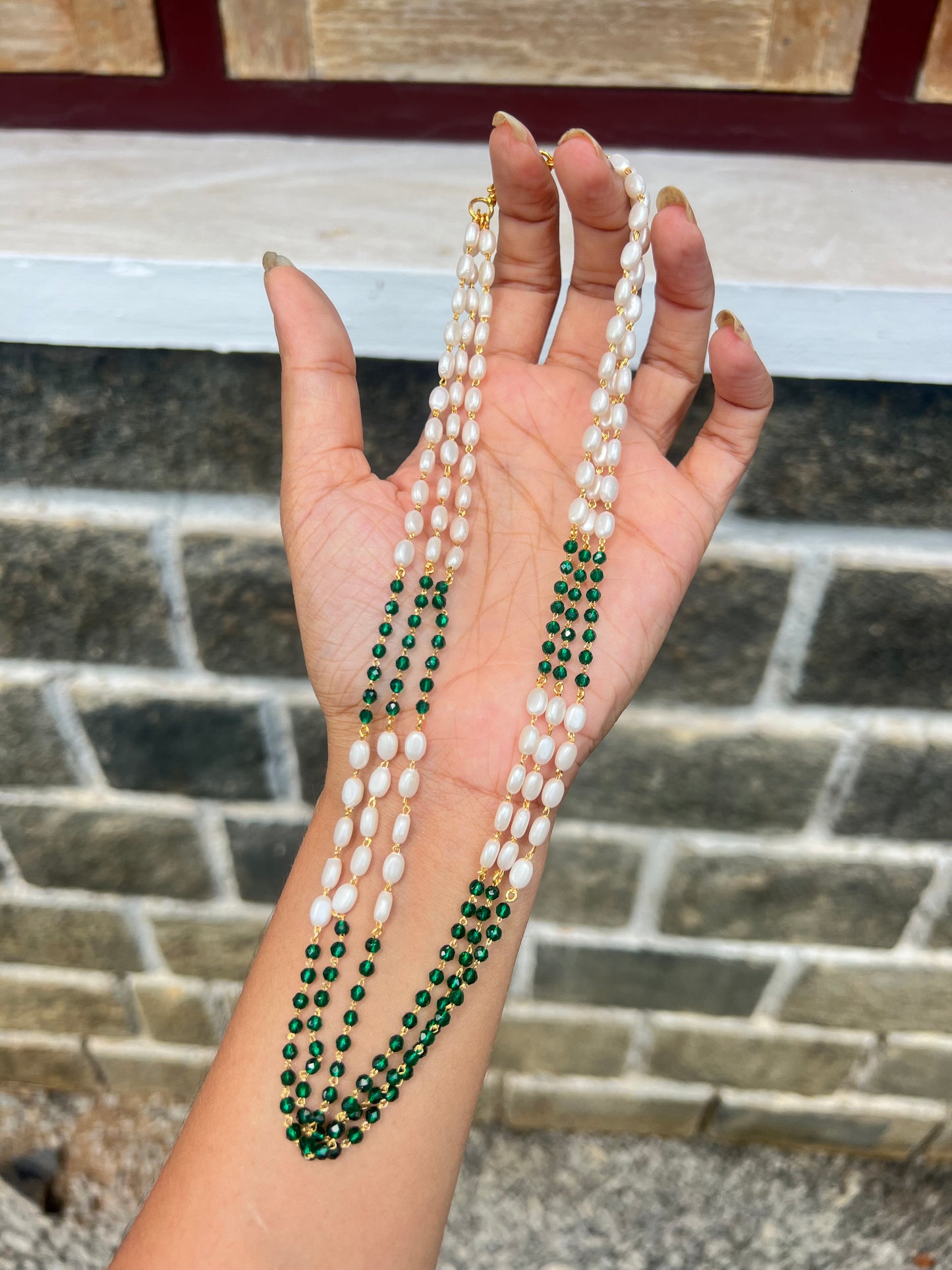 Premium green pearl 3layer necklace product code p59