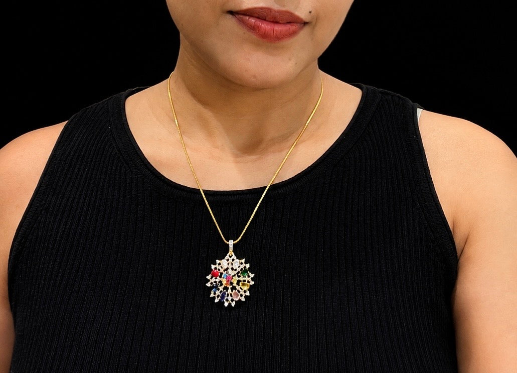 Premium party wear diamond finish Navarathna pendant with chain product code D390