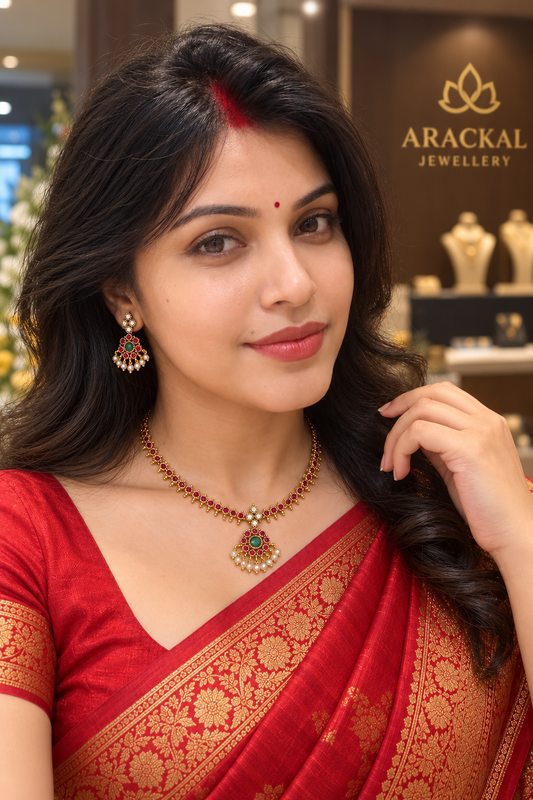 Premium antique gold kemp stone necklace set product code D417