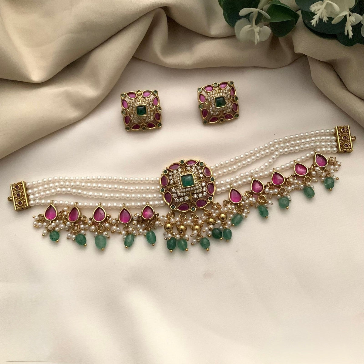Premium quality jadau Kundan pearl 4layer ruby kemp stone beads pearls hanging choker set product code D411