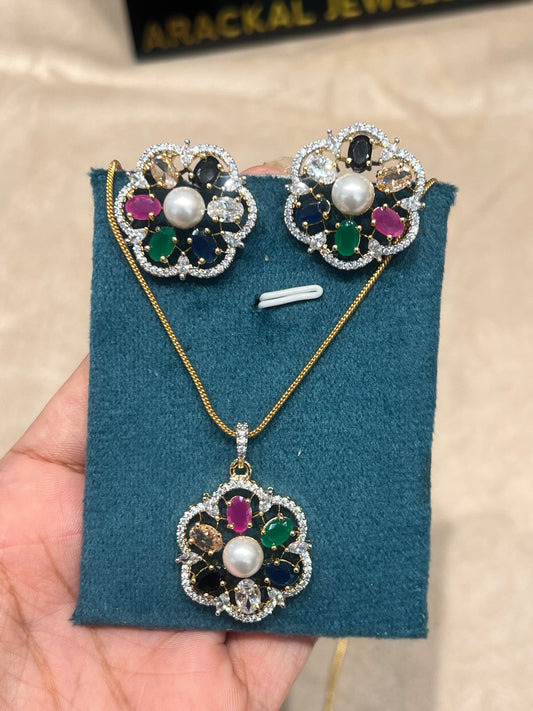 Premium diamond finish Multi color pendant set with 8pidichain product code D297