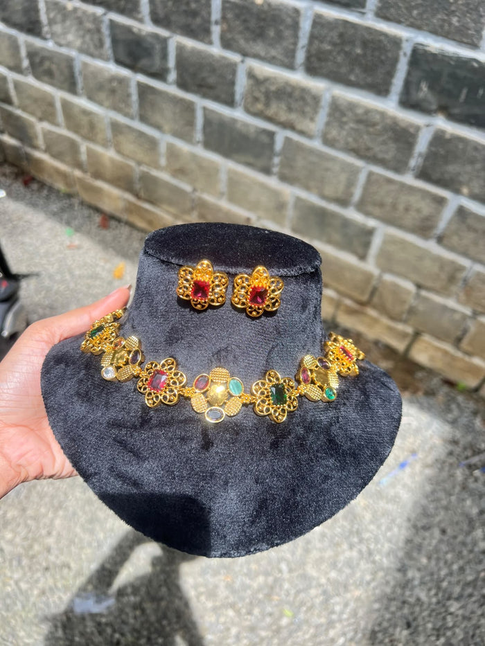 Premium antique gold plated Multi color customised bridal necklace set product code D437