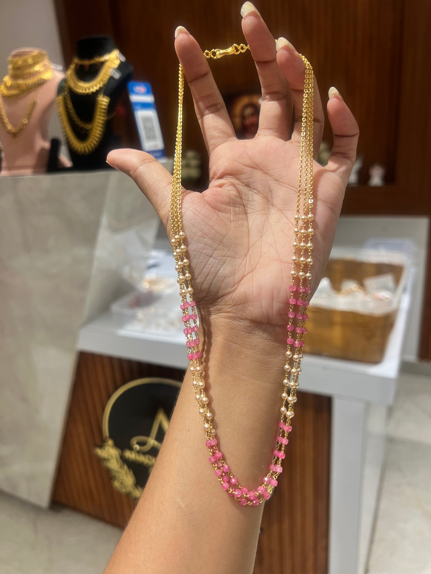 Premium gold plated precious beads and pearl 3layer necklace product code P95
