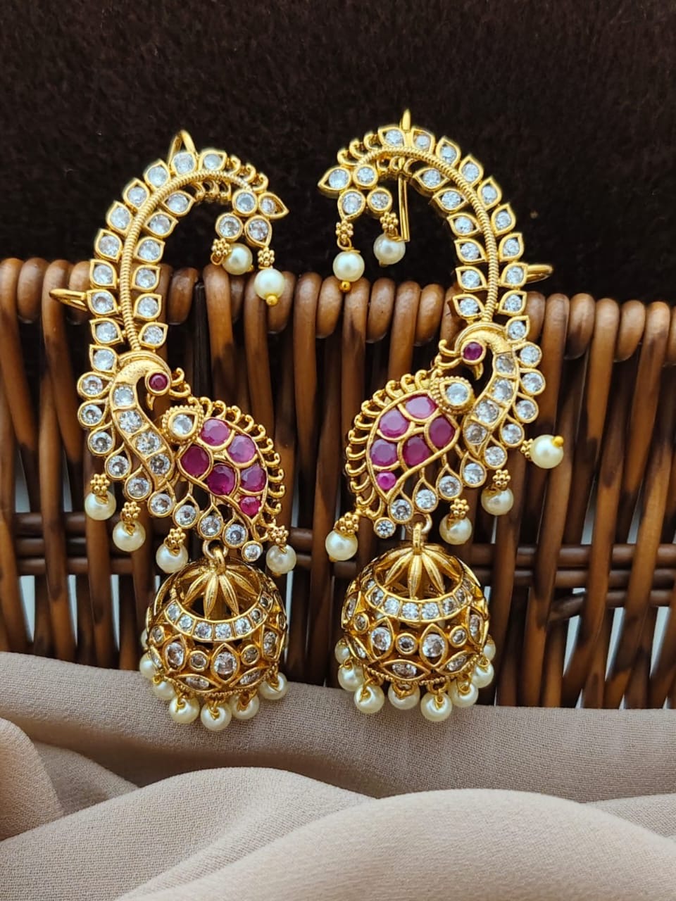 Premium jadau Kundan peacock ad earcuff jhumkas product code 111