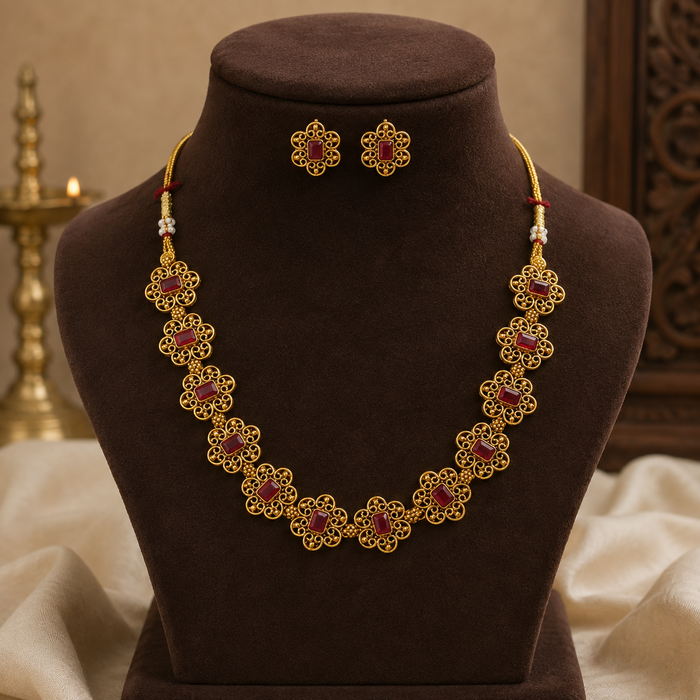 Premium budget friendly trending antique gold floral necklace set product code T135