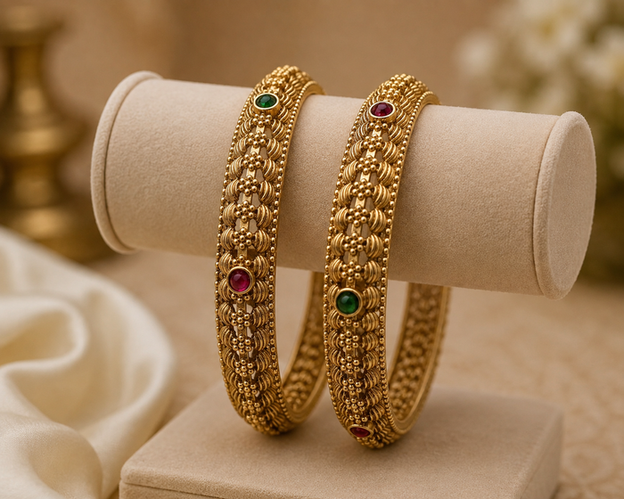 Premium antique gold traditional ruby green non idol bangles pair product code B224