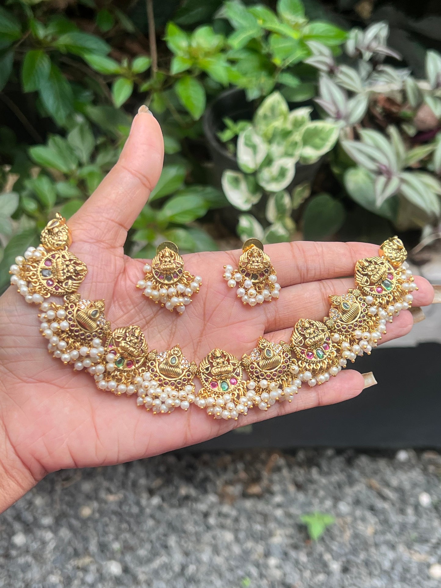 Premium Lakhmi Devi pearl hanging necklace set product code T18