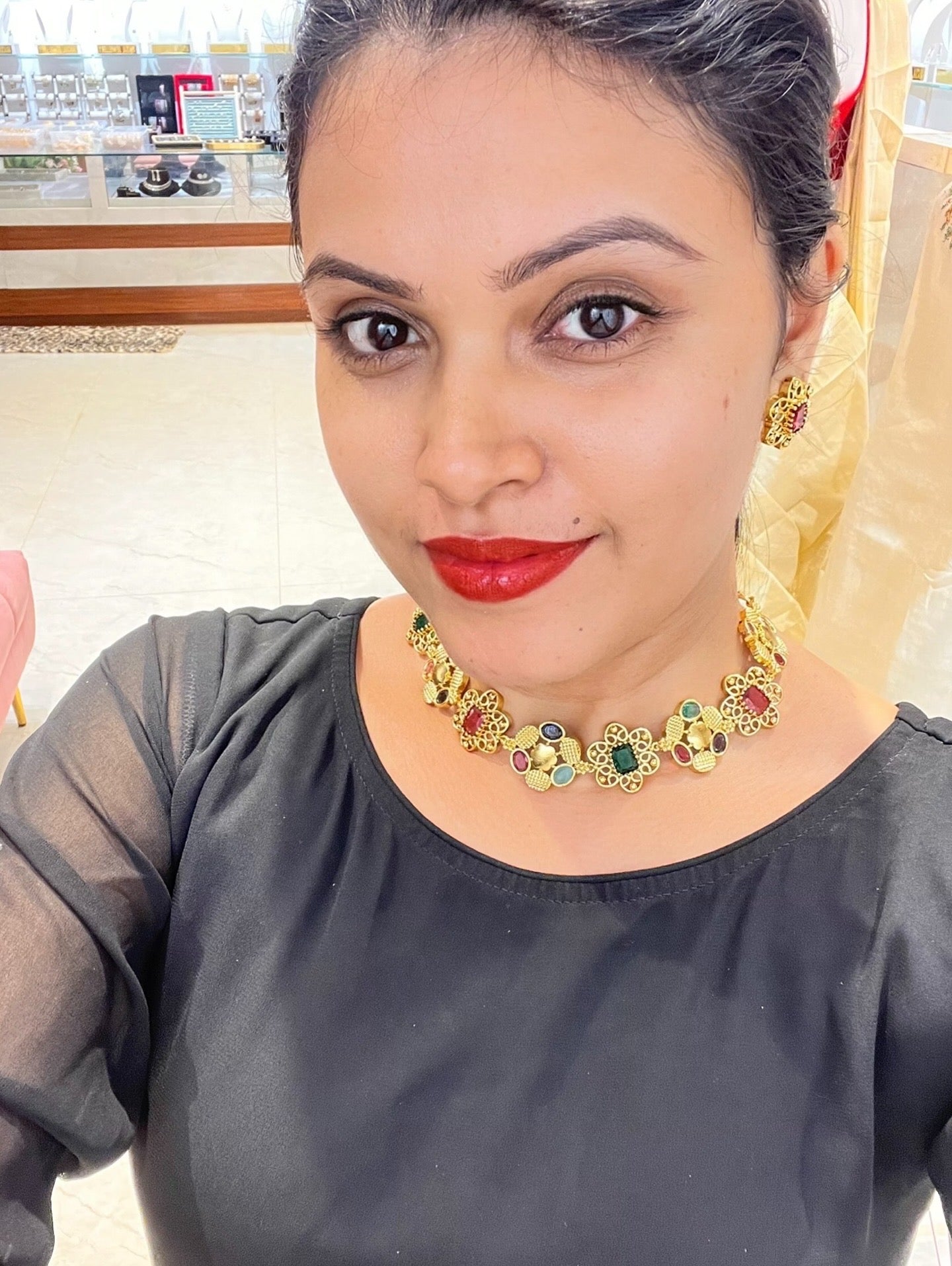 Premium quality  trending gold polish Multi color stone bridal necklace come choker set with back chain product code BN01