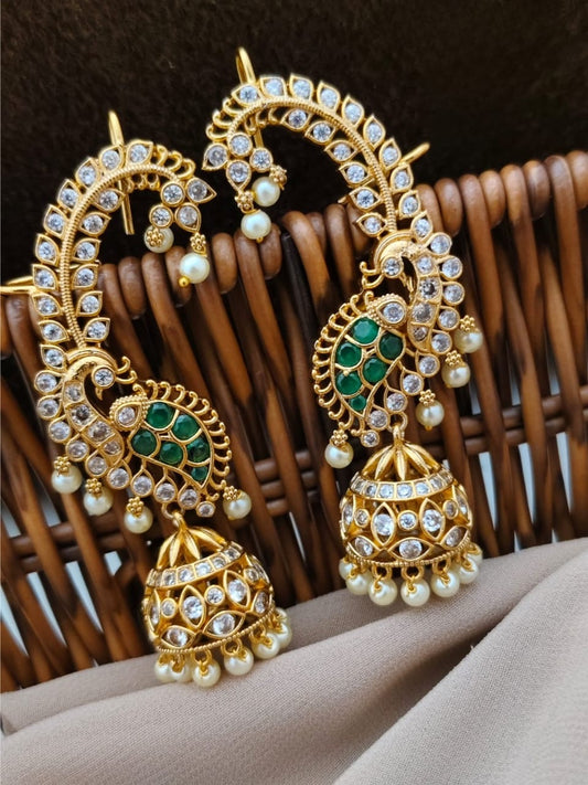 Premium jadau Kundan peacock ad earcuff jhumkas product code 111